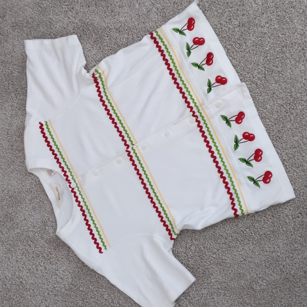 🍒Vintage Bechamel Cottagecore Cherry Embroidered Button Up Cotton Shirt, Size L